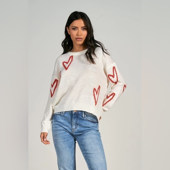 Elan Cozy Soft Crewneck Sweater with Red Heart Accents - Picture 3 of 11